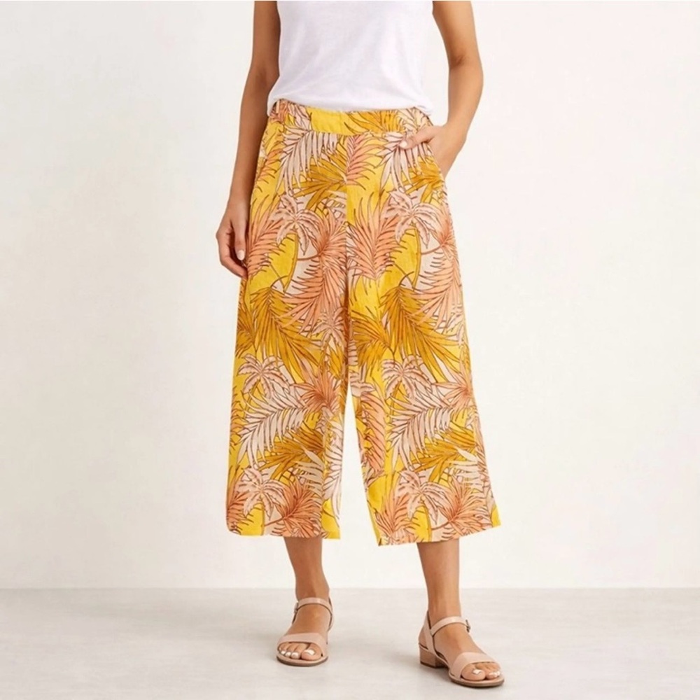 Tahari 100% European Grown Linen Tropical Palm Branch Wide Leg Cropped Pants